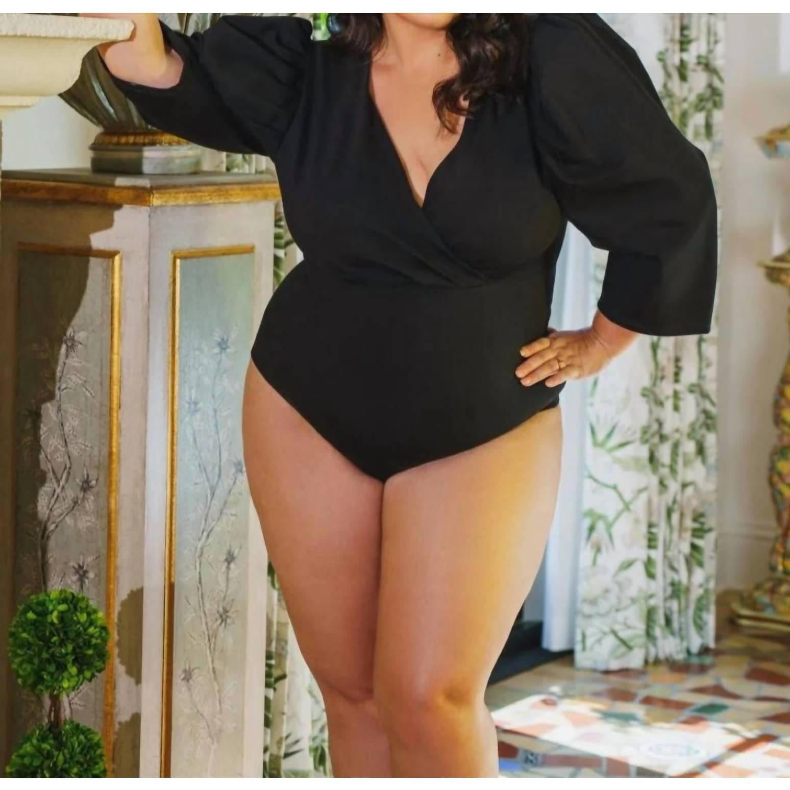 New Adriana Contreras Puff Sleeve Bodysuit - Plus In Black